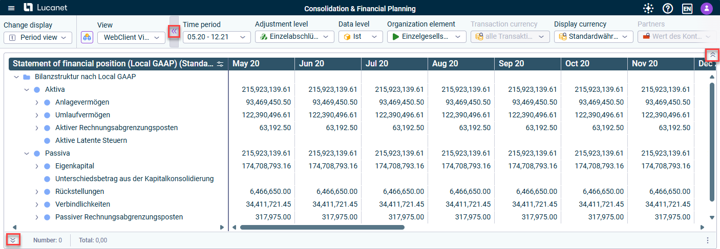 The general ledger is displayed. The options for showing and hiding the status bar and the dimension bar are highlighted in red.