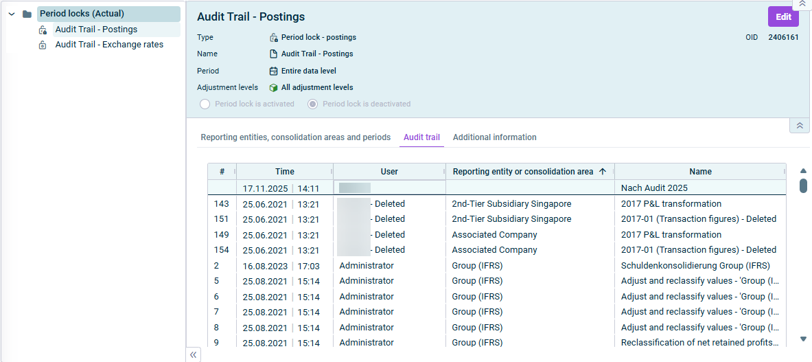 Shows the ‘Audit Trail’ tab of a period lock