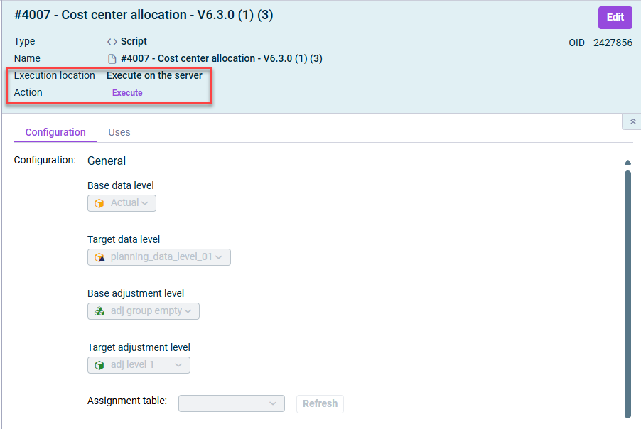 shows the detail view of a script. Highlighted are the sections to configure the execution location and to execute the srcipt.