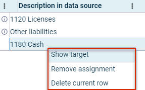 Excerpt from an assignment table. The 'Show target' context menu command is displayed on an account. The context menu command is outlined in red.