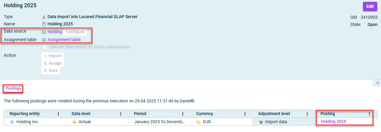 Detail view of a data import with the 'Postings' tab. The tab heading is outlined in red. A posting is displayed on the 'Postings' tab.