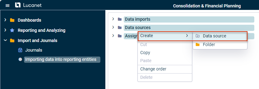 Workspace 'Importing data into reporting entities'. On the 'Data Sources' structure node, the 'Create | Data source' context menu is outlined in red.