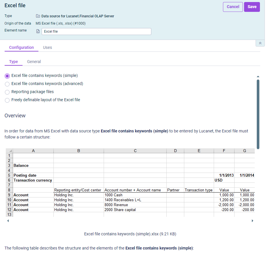 Tree view and detail view of a data source. The type 'Excel file contains keywords (simple)' has been chosen in the detail view.