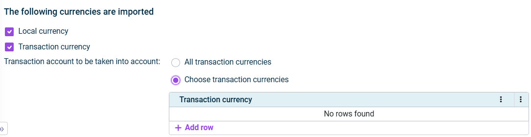 Selecting the currency or currencies to be imported