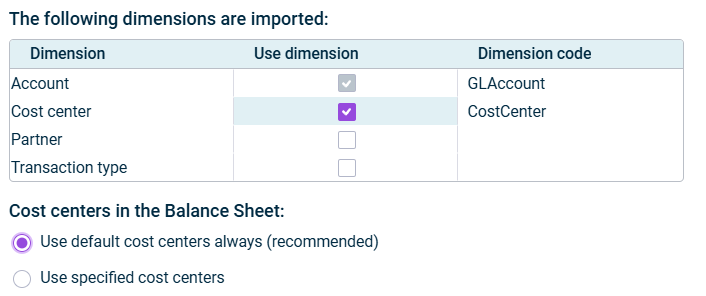 Selection of dimensions to be imported