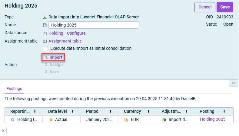 Displays the detail view of a data import. The command ‘1. Import’ is highlighted.