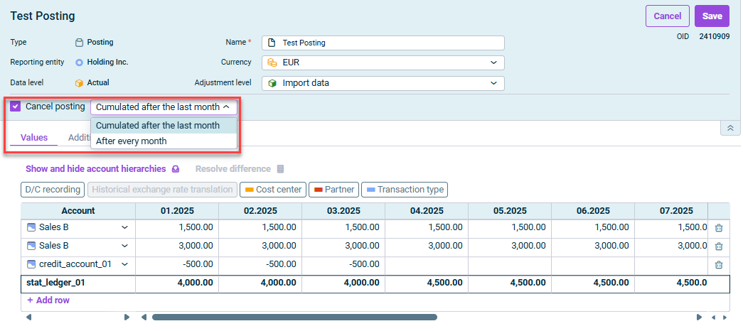 Shows a manual posting. Highlighted is the section with the options to cancel a posting.