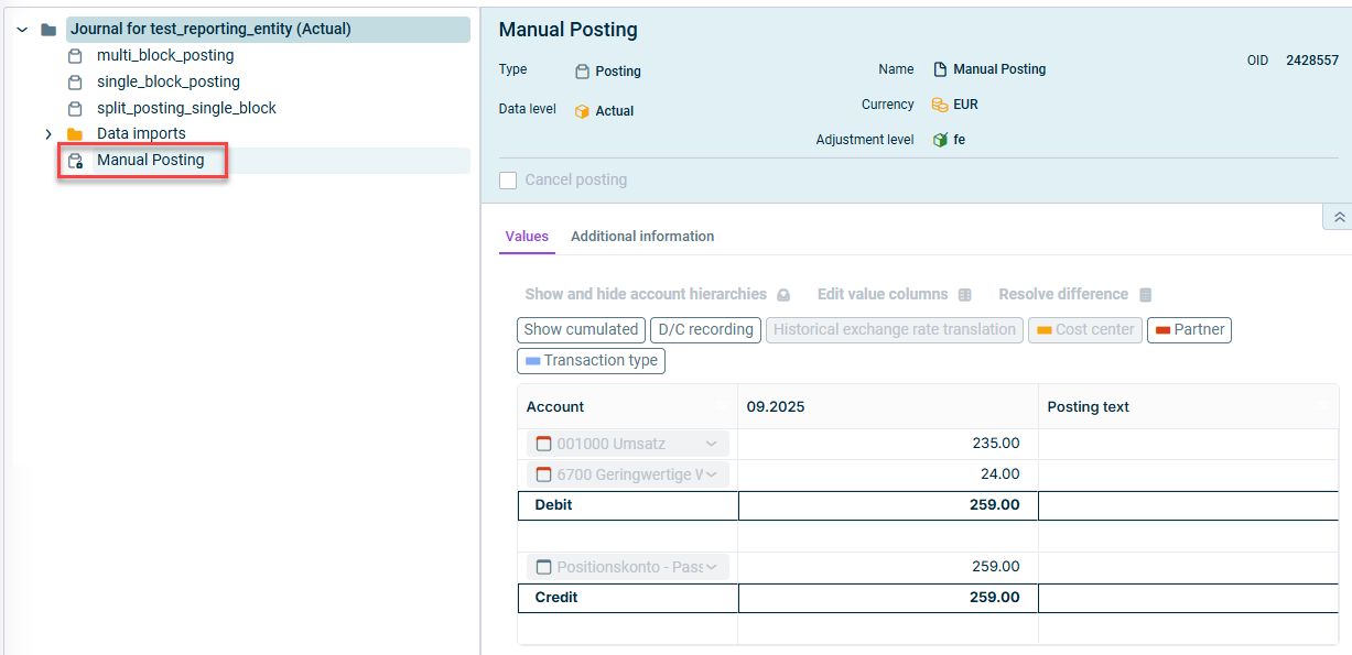 Displays a journal with various postings. A finalized posting with a small lock icon is highlighted in red.