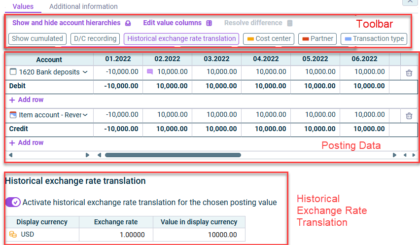 The dialog for configuring the values tab of a posting is displayed.
