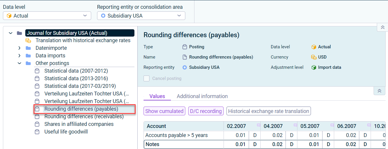 The details of a posting are displayed in the journal. The displayed posting is highlighted in the tree view.