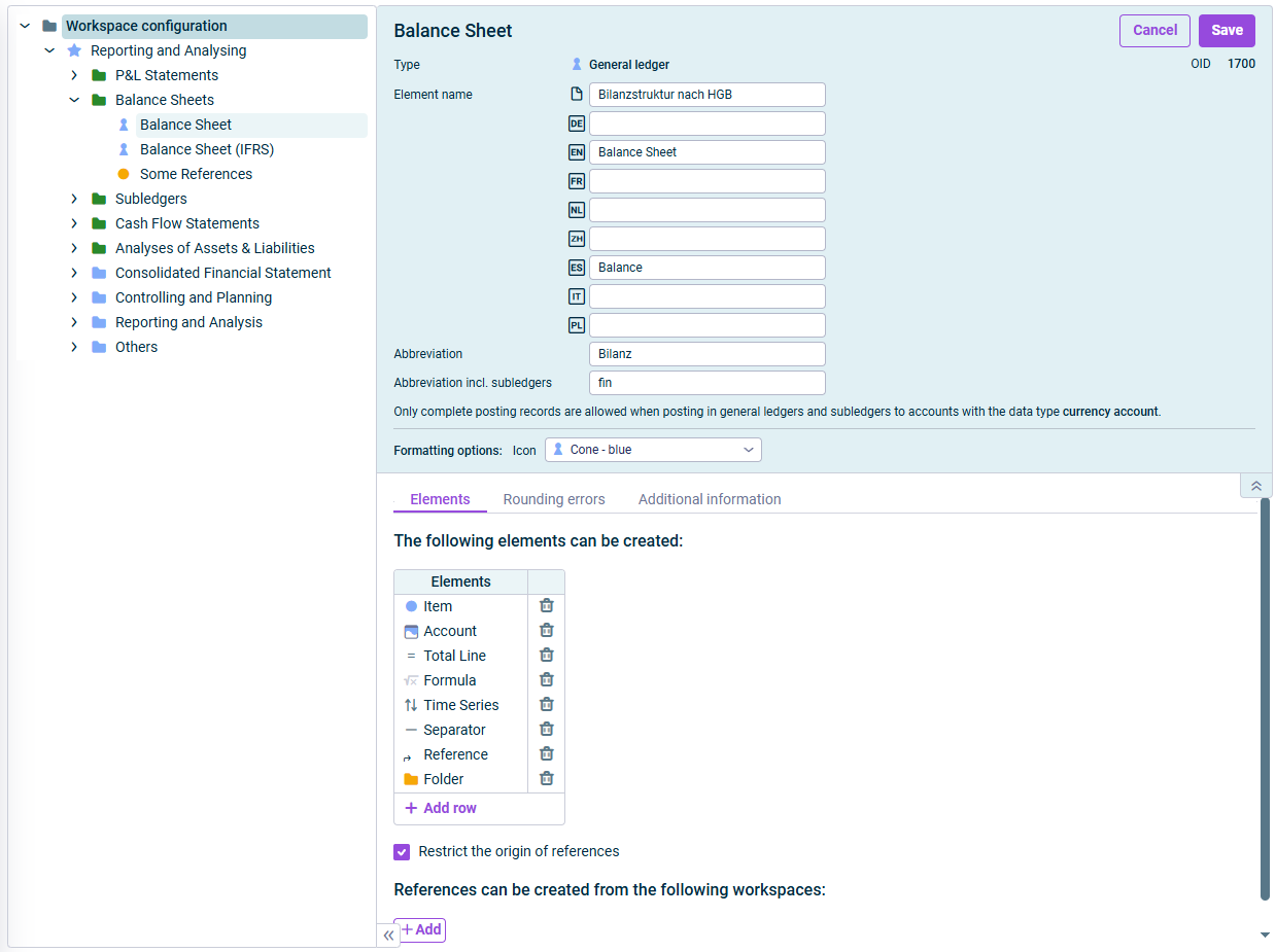 Displays the general ledger in the ‘Workspace configuration’ function area. The editing mode is open and the ‘Elements’ tab is visible at the bottom.
