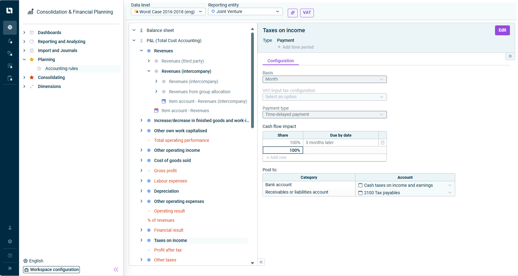 The screenshot displays the entire Lucanet window with the Accounting rules workspace selected