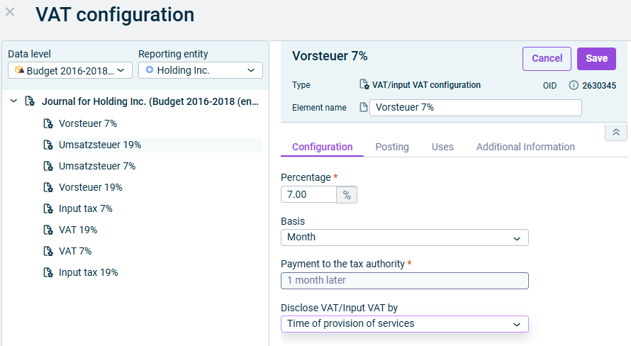 The dialog for configuring a VAT configuration is displayed.