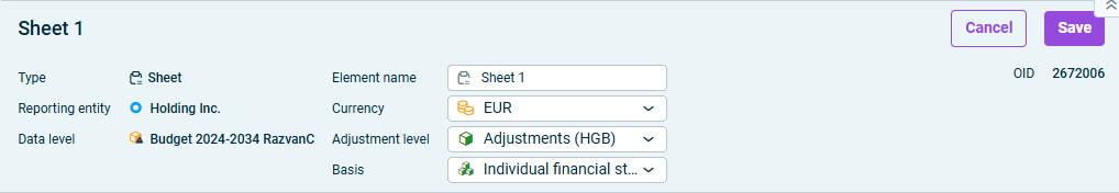 The dialog for configuring general properties of a sheet is displayed.