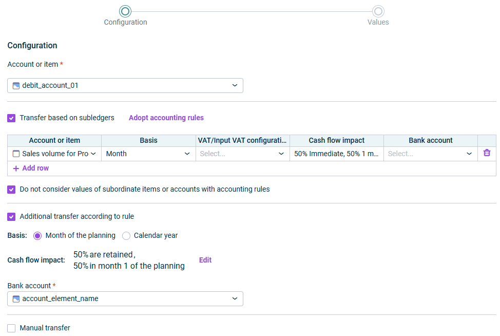 The first step for configuring a transfer actual balance to plan wizard is displayed.