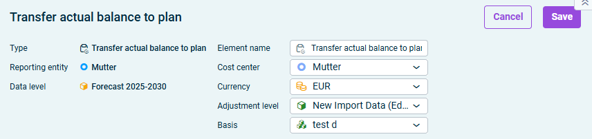 The section with general properties of a transfer actual balance to plan wizard is displayed.