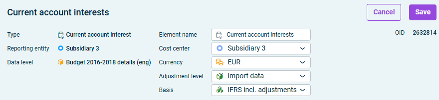 The dialog showing the configuration of general properties for a current account interest is displayed.