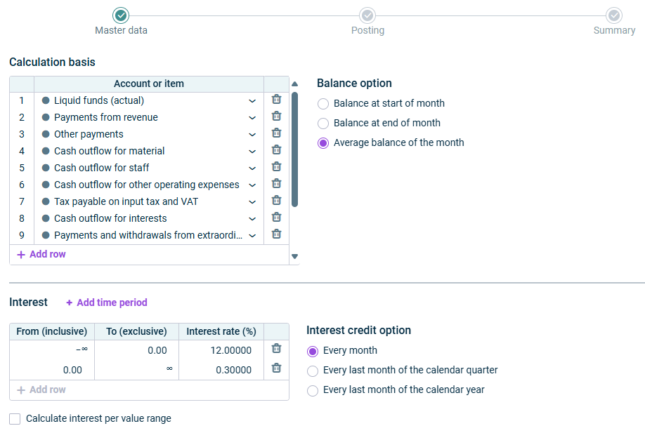 The first step of a current account interest called master data is displayed.