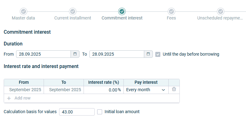 The step of a loan configuration called commitment interest is displayed.