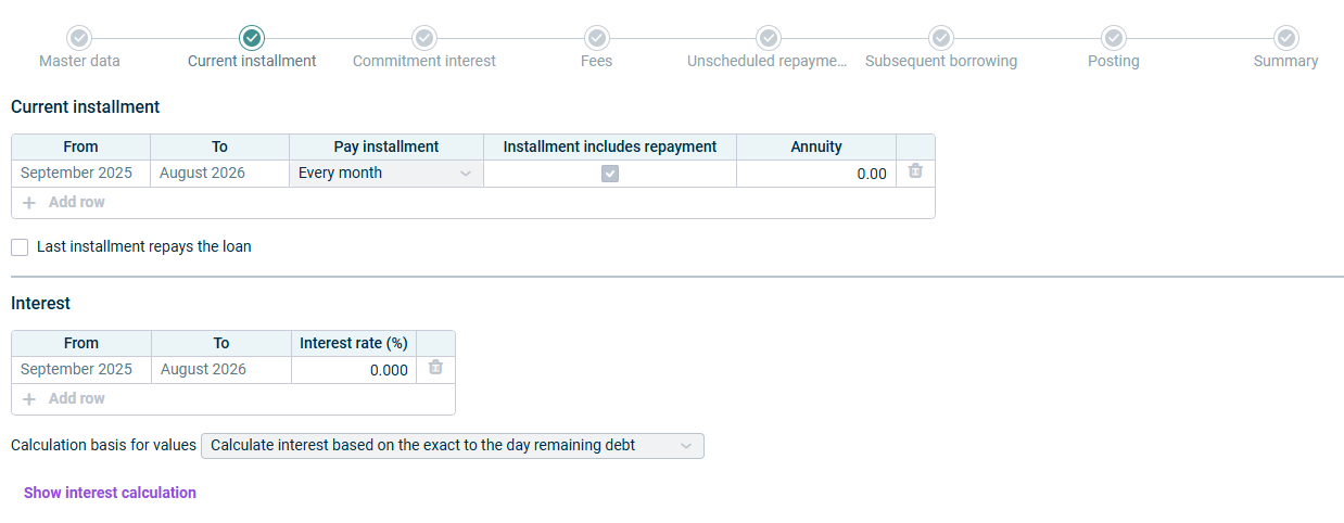 The step of a loan configuration called current installment is displayed.