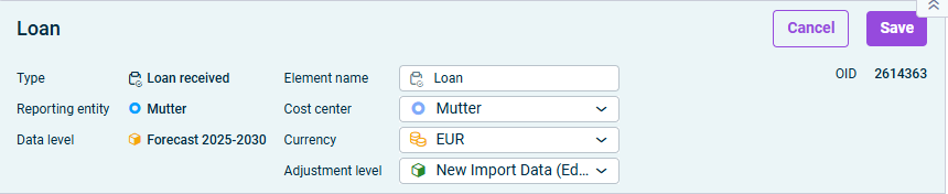 The section with general properties of a loan is displayed.