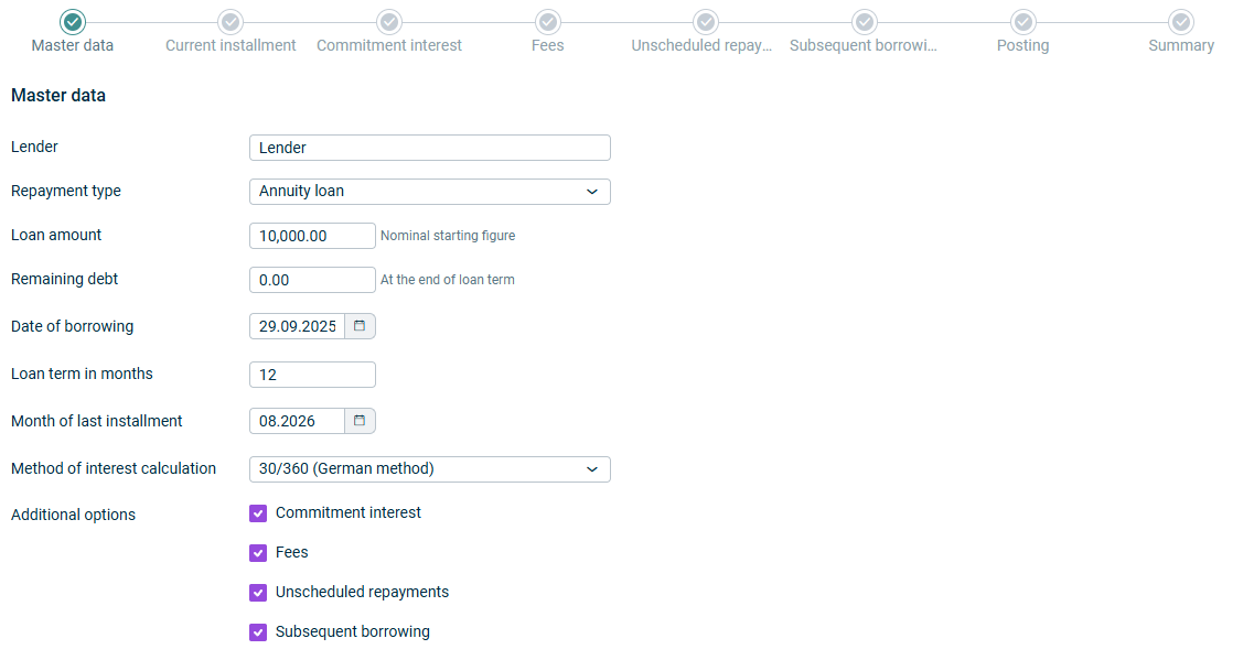 The step for configuring a loan called master data is displayed.