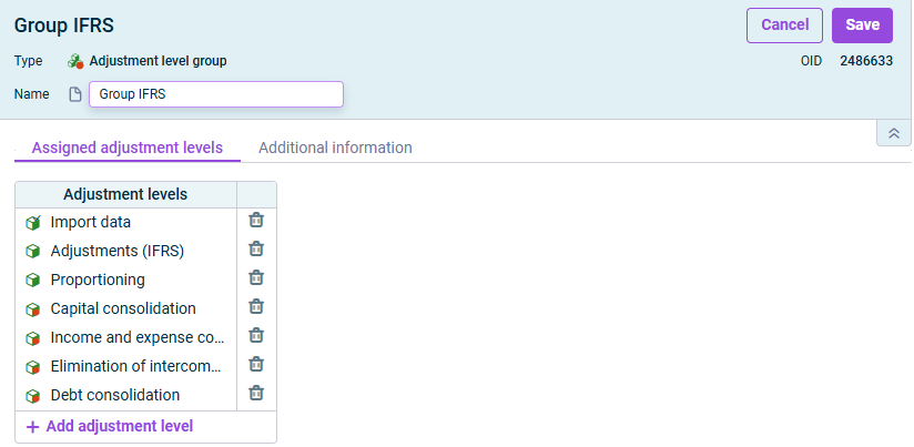 The dialog for editing an adjustment level group is displayed.