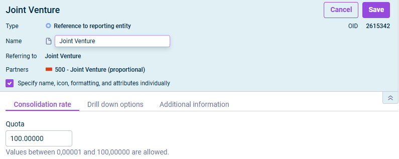 The dialog for editing a reference to a reporting entity is displayed.