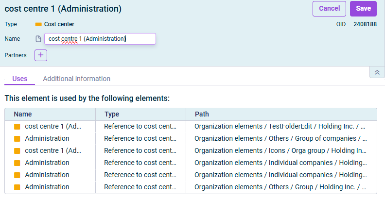 The dialog for editing a cost center is displayed.