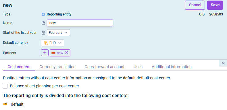 The dialog for editing a reporting entity is displayed.