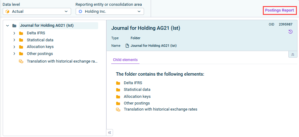 Shows a Journal. Highlighted in red is the command 'Postings Report'