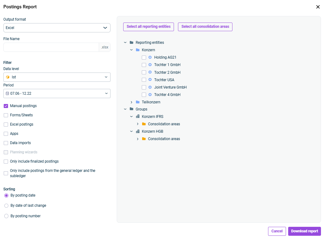 Shows the 'Postings Report' dialog