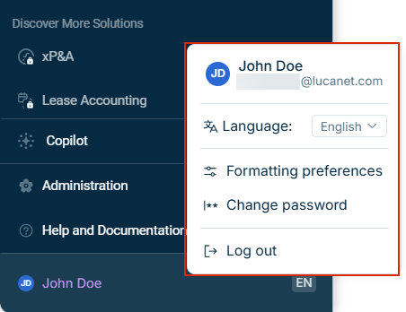 User Account area at the bottom of the main menu with the Account Menu open, showing user name, e-mail address, language selector, formatting preferences, change password, and log out options