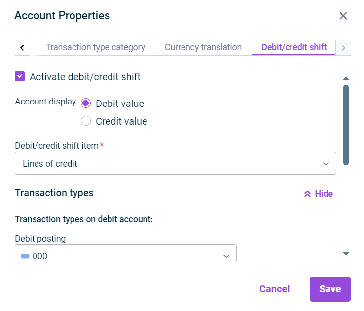 Displays the 'Debit/credit shift' tab in the 'Account Properties' dialog.