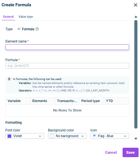The 'General' tab of the 'Create formula' dialog is displayed.