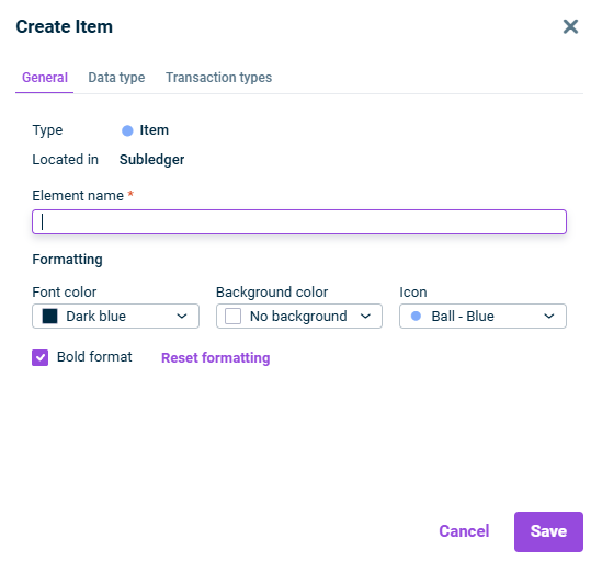The 'General' tab in the 'Create Item' dialog is displayed.