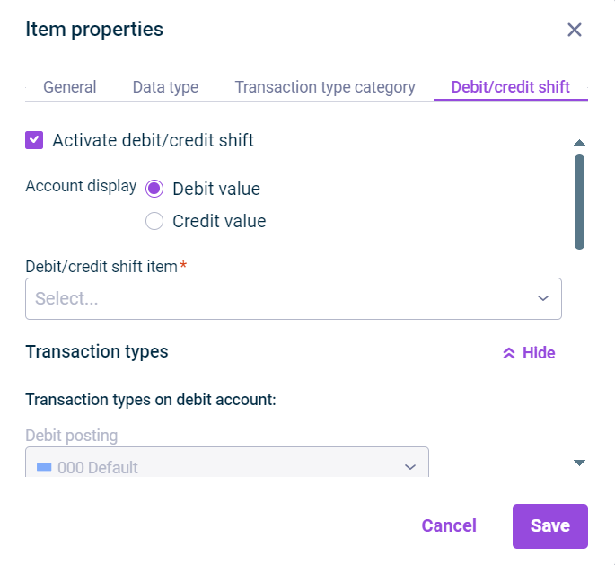Displays the 'Debit/credit shift' tab in the 'Item properties' dialog.