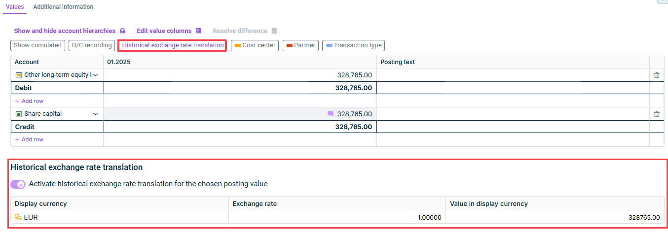 A posting with the 'Historical exchange rate translation' button highlighted is displayed. The value with historical exchange rate translation activated and the displayed exchange rates are highlighted.