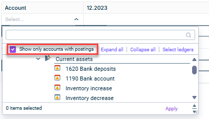 Shows a section of a posting mask with the Account column and its drop-down menu. The option 'Show only accounts with postings' is highlighted in red.