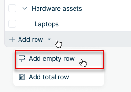 A drop-down menu with an option to add an empty row is displayed.