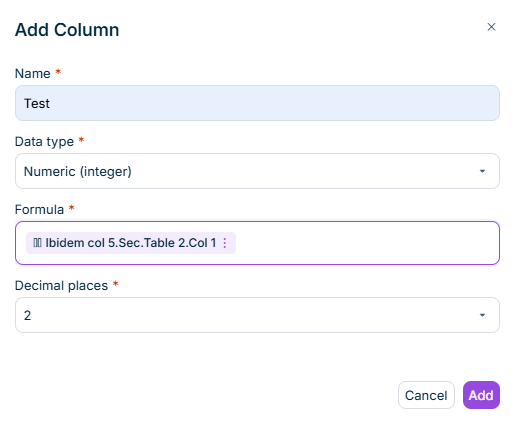 The 'Add Column' dialog for a formula column is displayed, showing fields for Name, Data type, Formula, and Decimal places.