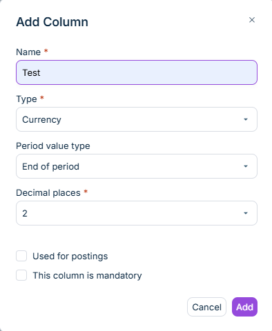 The 'Add new column' dialog is displayed.