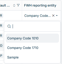 FWH Reporting Entity column with a dropdown showing available company codes to link