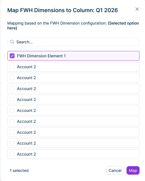 The 'Map FWH Dimensions to Column' dialog is displayed.