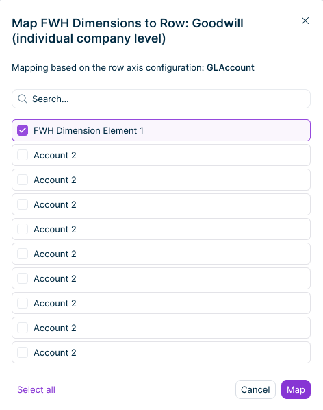 The 'Map FWH Dimensions to Row' dialog is displayed.