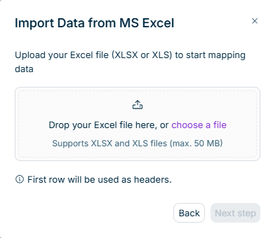 Import Data from Excel dialog with a drag-and-drop upload area and a note that the first row will be used as headers