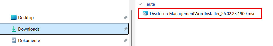 Die WordInstaller-Datei im Windows Explorer wird angezeigt und ist rot hervorgehoben.