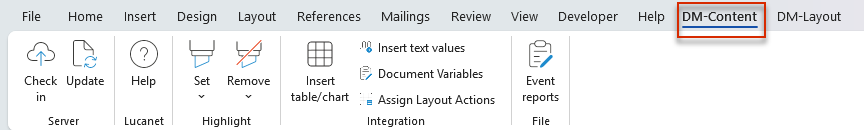 DM-Content ribbon in MS Word