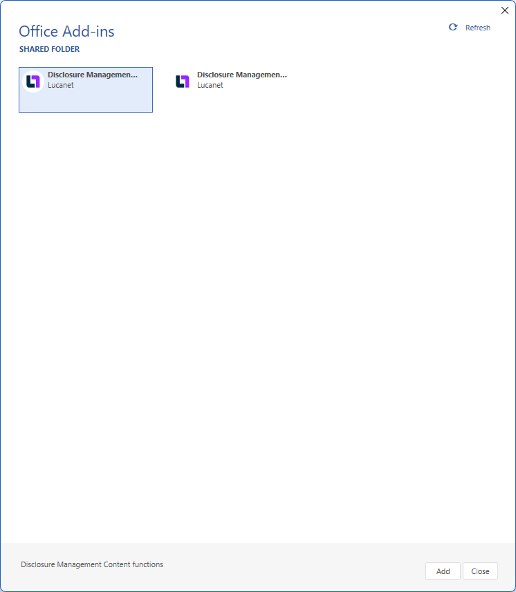 The 'Office Add-ins' dialog in MS Word showing the 'Shared Folder' tab with the provided manifest files