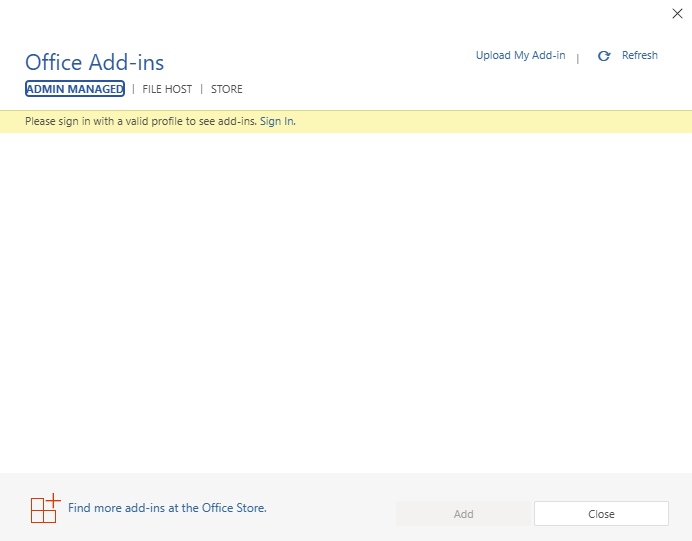 The 'Office Add-ins' dialog on the 'Admin Managed' tab with the 'Upload My Add-in' link highlighted